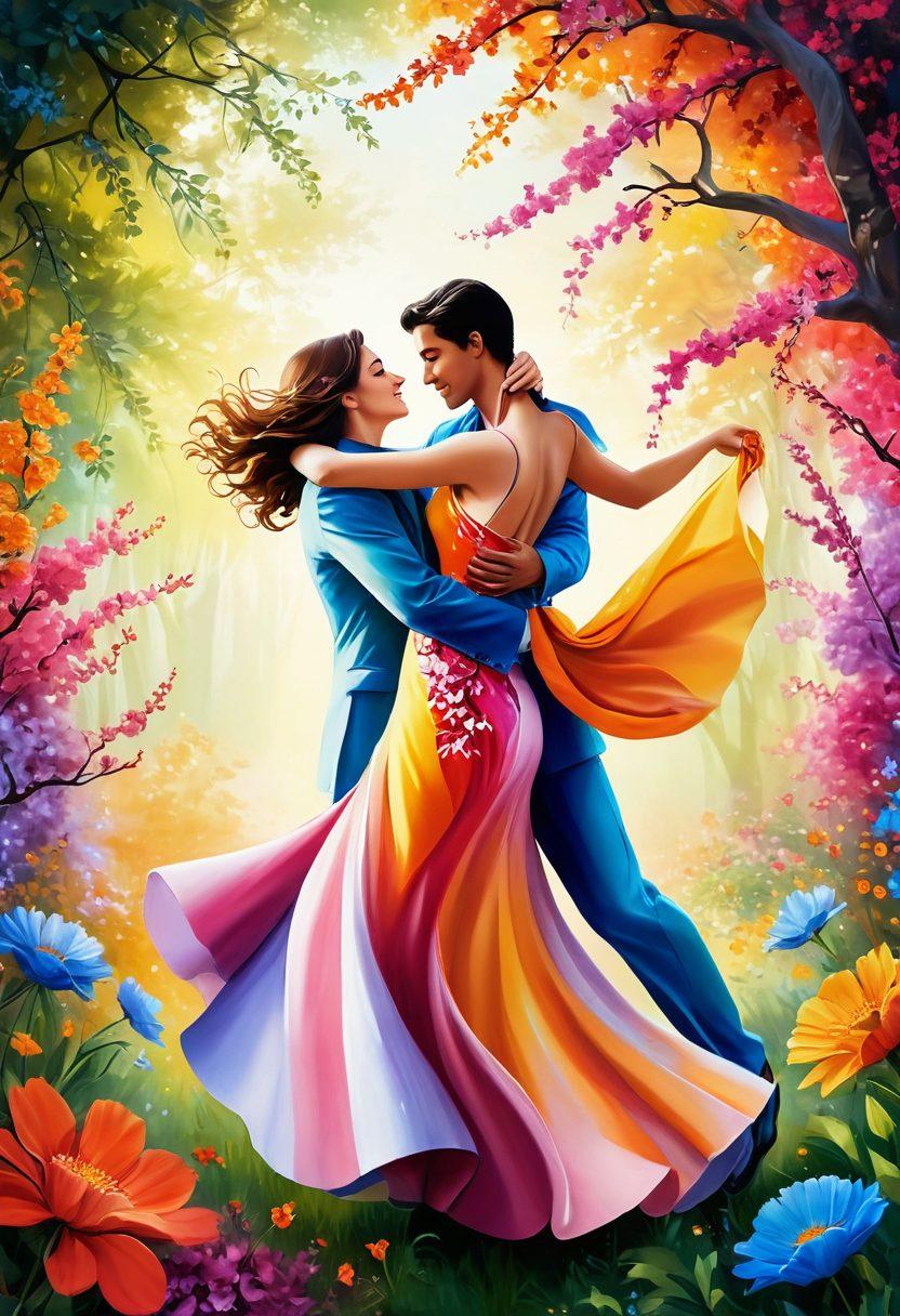 A whimsical scene depicting a transformation from shyness to joy, featuring colorful blossoms symbolizing intimacy, playful figures hiding behind petals while others joyfully dance in vibrant light. Soft textures and rich, lush backgrounds evoke feelings of comfort and excitement. Dynamic color contrasts to highlight the emotional journey. super-realistic. vibrant colors. dreamy atmosphere.